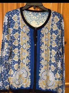 Talbots Blue White Gold Paisley Button Cardigan